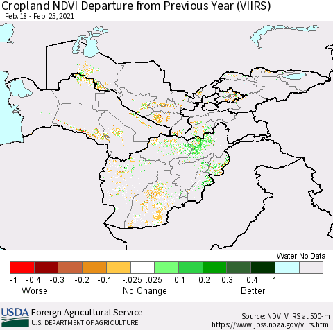 Central Asia Cropland NDVI Departure from Previous Year (VIIRS) Thematic Map For 2/21/2021 - 2/28/2021