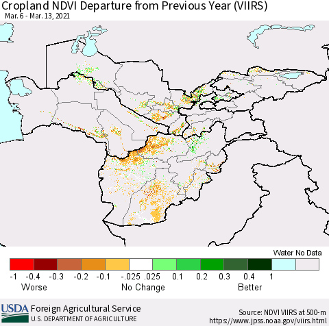 Central Asia Cropland NDVI Departure from Previous Year (VIIRS) Thematic Map For 3/11/2021 - 3/20/2021