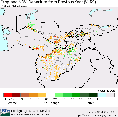 Central Asia Cropland NDVI Departure from Previous Year (VIIRS) Thematic Map For 3/21/2021 - 3/31/2021