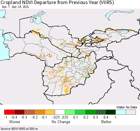 Central Asia Cropland NDVI Departure from Previous Year (VIIRS) Thematic Map For 4/7/2021 - 4/14/2021
