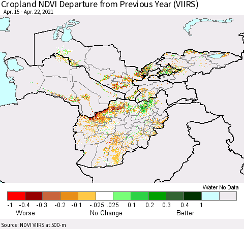 Central Asia Cropland NDVI Departure from Previous Year (VIIRS) Thematic Map For 4/15/2021 - 4/22/2021