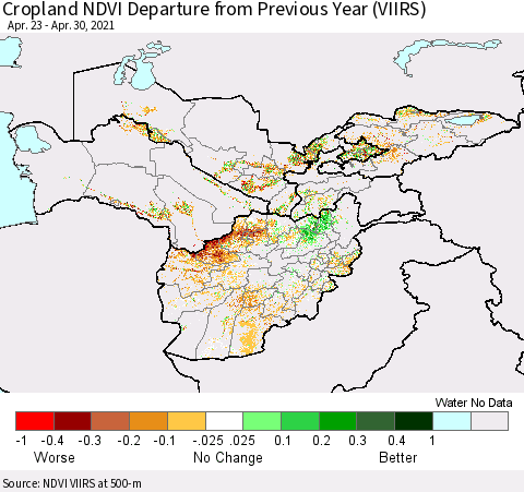 Central Asia Cropland NDVI Departure from Previous Year (VIIRS) Thematic Map For 4/21/2021 - 4/30/2021