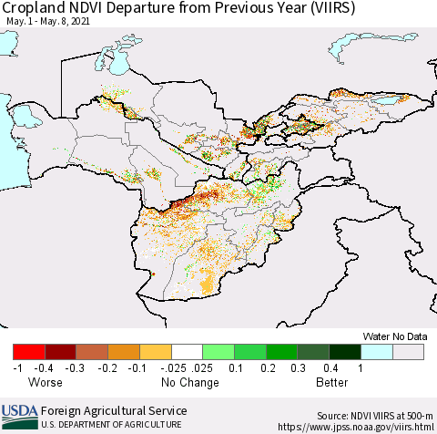 Central Asia Cropland NDVI Departure from Previous Year (VIIRS) Thematic Map For 5/1/2021 - 5/10/2021