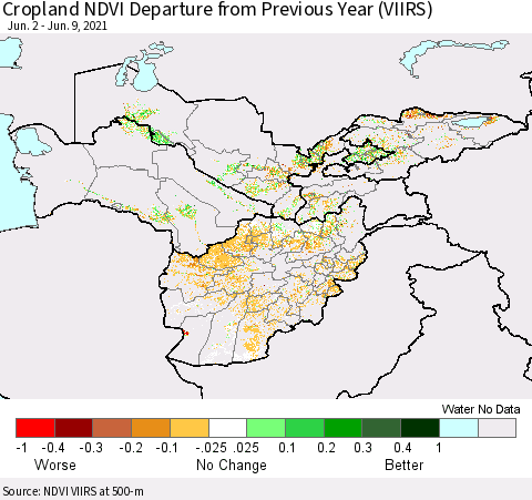 Central Asia Cropland NDVI Departure from Previous Year (VIIRS) Thematic Map For 6/2/2021 - 6/9/2021