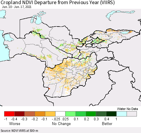 Central Asia Cropland NDVI Departure from Previous Year (VIIRS) Thematic Map For 6/10/2021 - 6/17/2021