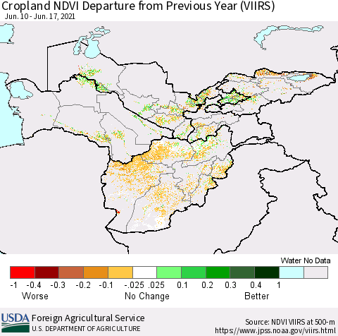 Central Asia Cropland NDVI Departure from Previous Year (VIIRS) Thematic Map For 6/11/2021 - 6/20/2021