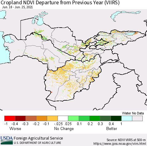 Central Asia Cropland NDVI Departure from Previous Year (VIIRS) Thematic Map For 6/21/2021 - 6/30/2021