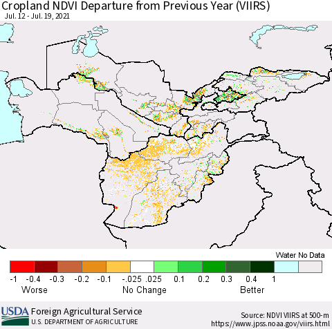 Central Asia Cropland NDVI Departure from Previous Year (VIIRS) Thematic Map For 7/11/2021 - 7/20/2021