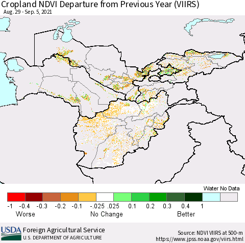 Central Asia Cropland NDVI Departure from Previous Year (VIIRS) Thematic Map For 9/1/2021 - 9/10/2021