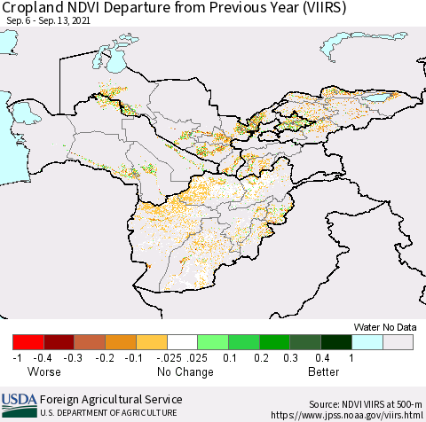 Central Asia Cropland NDVI Departure from Previous Year (VIIRS) Thematic Map For 9/11/2021 - 9/20/2021