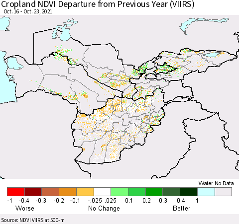 Central Asia Cropland NDVI Departure from Previous Year (VIIRS) Thematic Map For 10/16/2021 - 10/23/2021