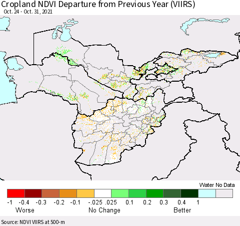 Central Asia Cropland NDVI Departure from Previous Year (VIIRS) Thematic Map For 10/21/2021 - 10/31/2021