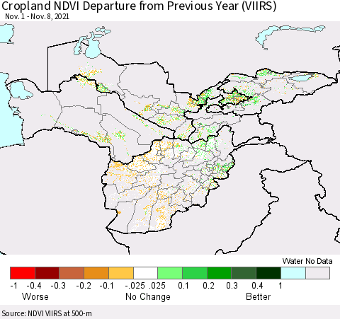 Central Asia Cropland NDVI Departure from Previous Year (VIIRS) Thematic Map For 11/1/2021 - 11/8/2021
