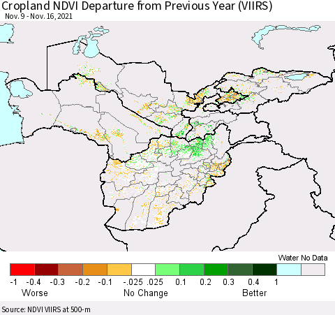Central Asia Cropland NDVI Departure from Previous Year (VIIRS) Thematic Map For 11/9/2021 - 11/16/2021