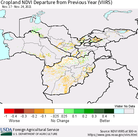 Central Asia Cropland NDVI Departure from Previous Year (VIIRS) Thematic Map For 11/21/2021 - 11/30/2021