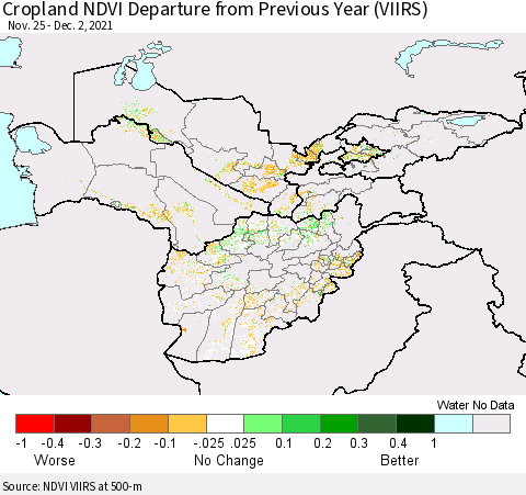 Central Asia Cropland NDVI Departure from Previous Year (VIIRS) Thematic Map For 11/25/2021 - 12/2/2021