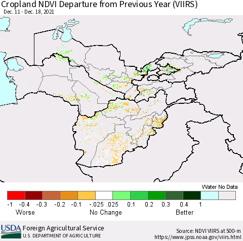 Central Asia Cropland NDVI Departure from Previous Year (VIIRS) Thematic Map For 12/11/2021 - 12/20/2021
