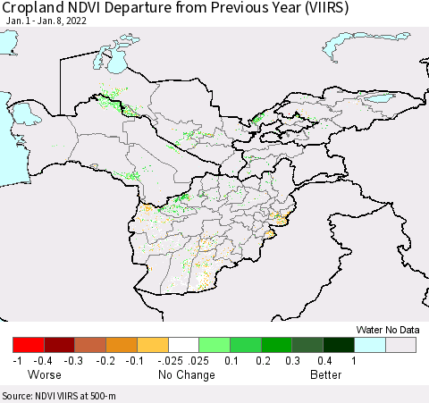 Central Asia Cropland NDVI Departure from Previous Year (VIIRS) Thematic Map For 1/1/2022 - 1/8/2022