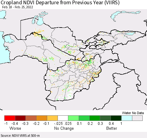 Central Asia Cropland NDVI Departure from Previous Year (VIIRS) Thematic Map For 2/18/2022 - 2/25/2022