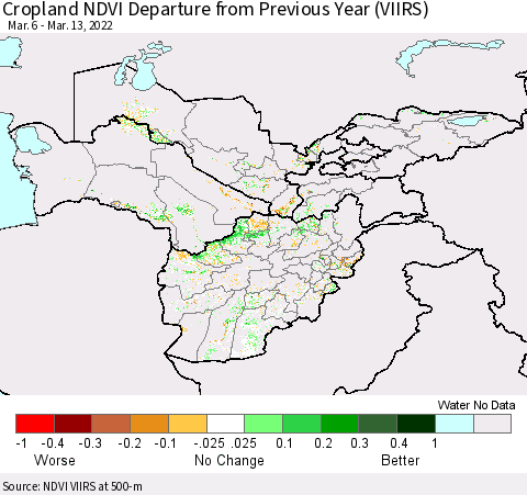 Central Asia Cropland NDVI Departure from Previous Year (VIIRS) Thematic Map For 3/6/2022 - 3/13/2022