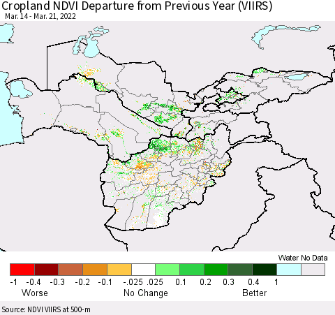 Central Asia Cropland NDVI Departure from Previous Year (VIIRS) Thematic Map For 3/14/2022 - 3/21/2022