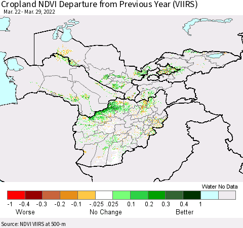 Central Asia Cropland NDVI Departure from Previous Year (VIIRS) Thematic Map For 3/22/2022 - 3/29/2022