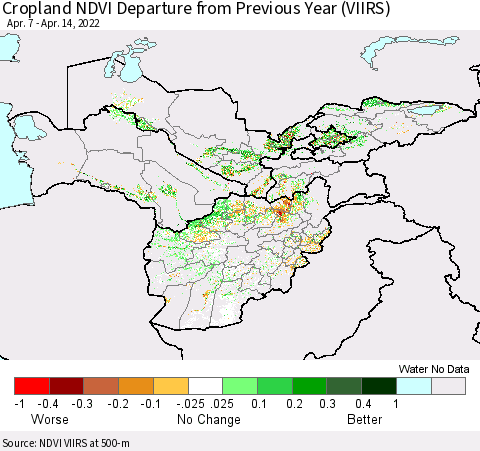 Central Asia Cropland NDVI Departure from Previous Year (VIIRS) Thematic Map For 4/7/2022 - 4/14/2022