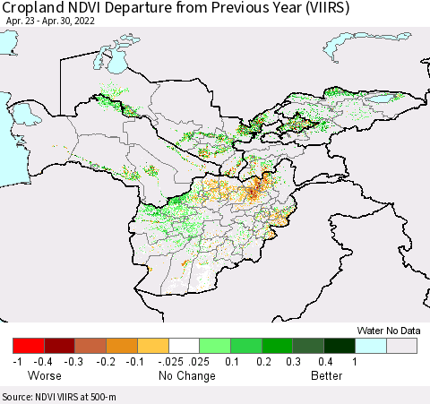 Central Asia Cropland NDVI Departure from Previous Year (VIIRS) Thematic Map For 4/23/2022 - 4/30/2022