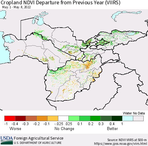 Central Asia Cropland NDVI Departure from Previous Year (VIIRS) Thematic Map For 5/1/2022 - 5/10/2022