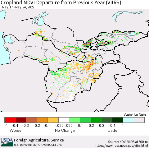 Central Asia Cropland NDVI Departure from Previous Year (VIIRS) Thematic Map For 5/21/2022 - 5/31/2022