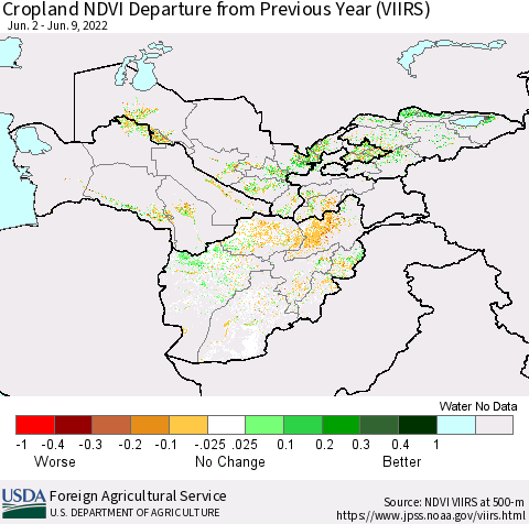 Central Asia Cropland NDVI Departure from Previous Year (VIIRS) Thematic Map For 6/1/2022 - 6/10/2022