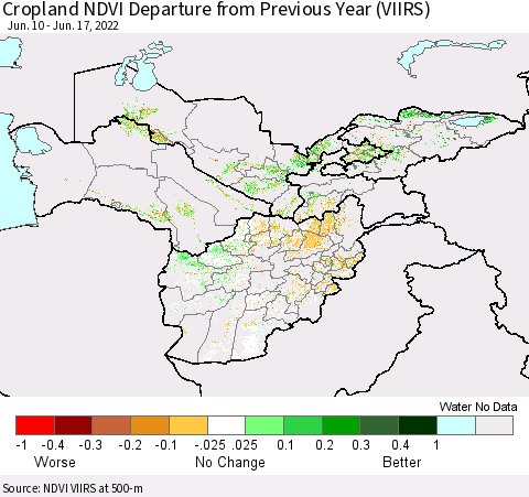 Central Asia Cropland NDVI Departure from Previous Year (VIIRS) Thematic Map For 6/10/2022 - 6/17/2022