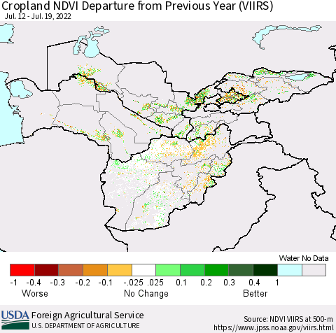 Central Asia Cropland NDVI Departure from Previous Year (VIIRS) Thematic Map For 7/11/2022 - 7/20/2022