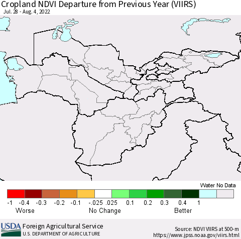 Central Asia Cropland NDVI Departure from Previous Year (VIIRS) Thematic Map For 8/1/2022 - 8/10/2022