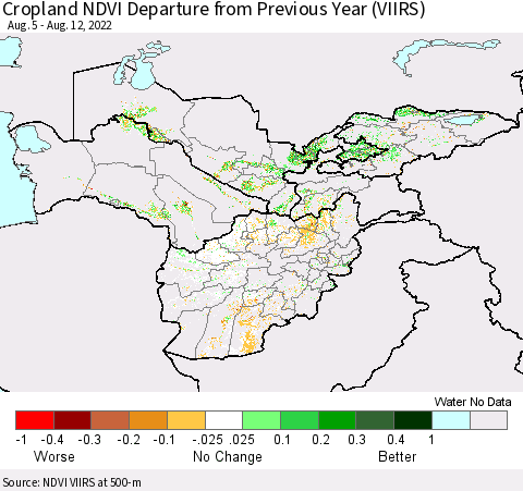 Central Asia Cropland NDVI Departure from Previous Year (VIIRS) Thematic Map For 8/5/2022 - 8/12/2022