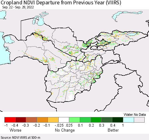 Central Asia Cropland NDVI Departure from Previous Year (VIIRS) Thematic Map For 9/22/2022 - 9/29/2022