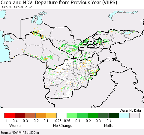 Central Asia Cropland NDVI Departure from Previous Year (VIIRS) Thematic Map For 10/24/2022 - 10/31/2022