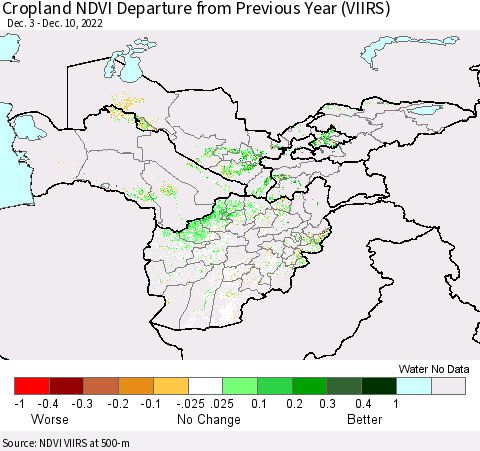 Central Asia Cropland NDVI Departure from Previous Year (VIIRS) Thematic Map For 12/3/2022 - 12/10/2022