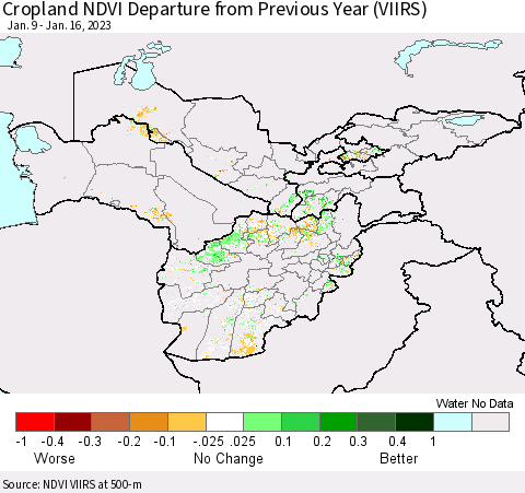 Central Asia Cropland NDVI Departure from Previous Year (VIIRS) Thematic Map For 1/9/2023 - 1/16/2023