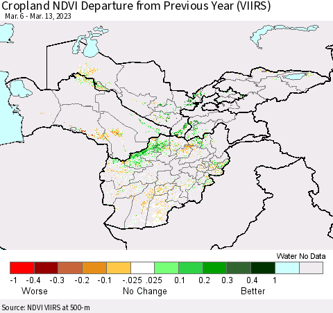 Central Asia Cropland NDVI Departure from Previous Year (VIIRS) Thematic Map For 3/6/2023 - 3/13/2023