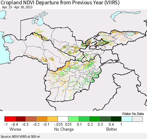 Central Asia Cropland NDVI Departure from Previous Year (VIIRS) Thematic Map For 4/23/2023 - 4/30/2023