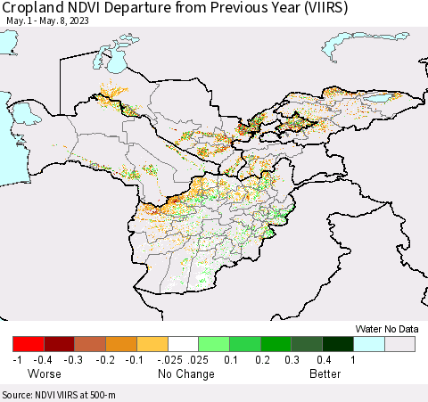 Central Asia Cropland NDVI Departure from Previous Year (VIIRS) Thematic Map For 5/1/2023 - 5/8/2023
