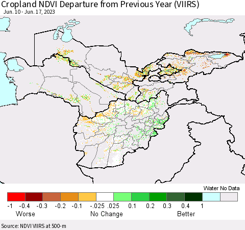Central Asia Cropland NDVI Departure from Previous Year (VIIRS) Thematic Map For 6/10/2023 - 6/17/2023