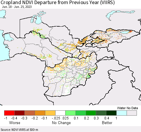 Central Asia Cropland NDVI Departure from Previous Year (VIIRS) Thematic Map For 6/18/2023 - 6/25/2023