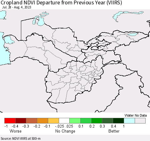 Central Asia Cropland NDVI Departure from Previous Year (VIIRS) Thematic Map For 7/28/2023 - 8/4/2023