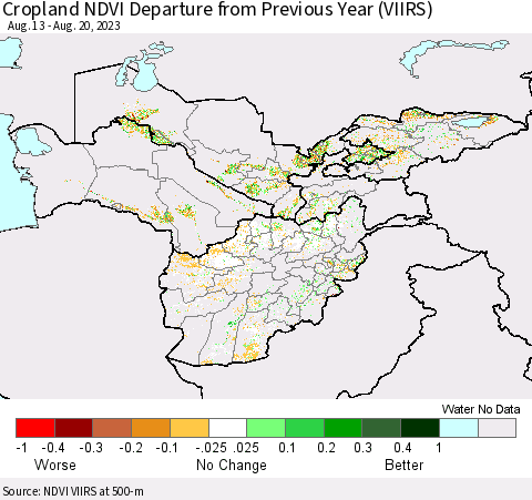 Central Asia Cropland NDVI Departure from Previous Year (VIIRS) Thematic Map For 8/13/2023 - 8/20/2023