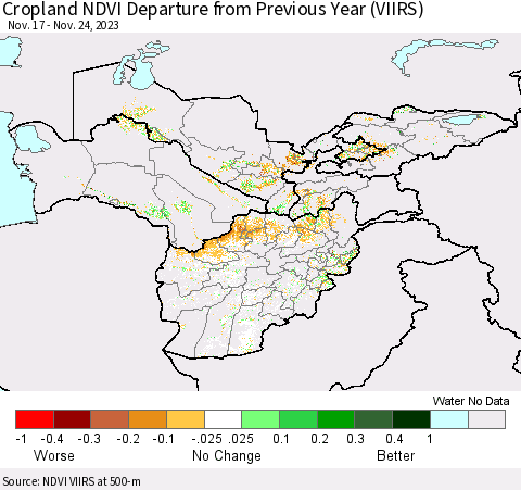 Central Asia Cropland NDVI Departure from Previous Year (VIIRS) Thematic Map For 11/17/2023 - 11/24/2023