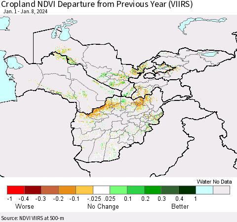 Central Asia Cropland NDVI Departure from Previous Year (VIIRS) Thematic Map For 1/1/2024 - 1/8/2024