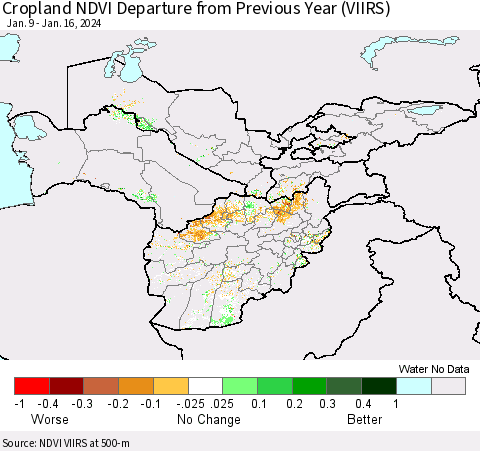 Central Asia Cropland NDVI Departure from Previous Year (VIIRS) Thematic Map For 1/9/2024 - 1/16/2024