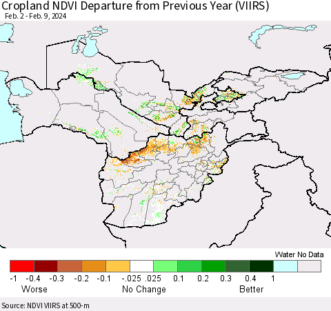 Central Asia Cropland NDVI Departure from Previous Year (VIIRS) Thematic Map For 2/2/2024 - 2/9/2024
